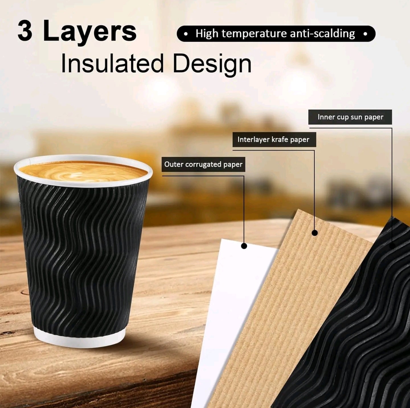 Paper Cups – Ripple Wall Black